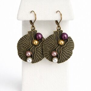 Vintage Style Bronze Disc Earrings Multicolor Pearl Dangle